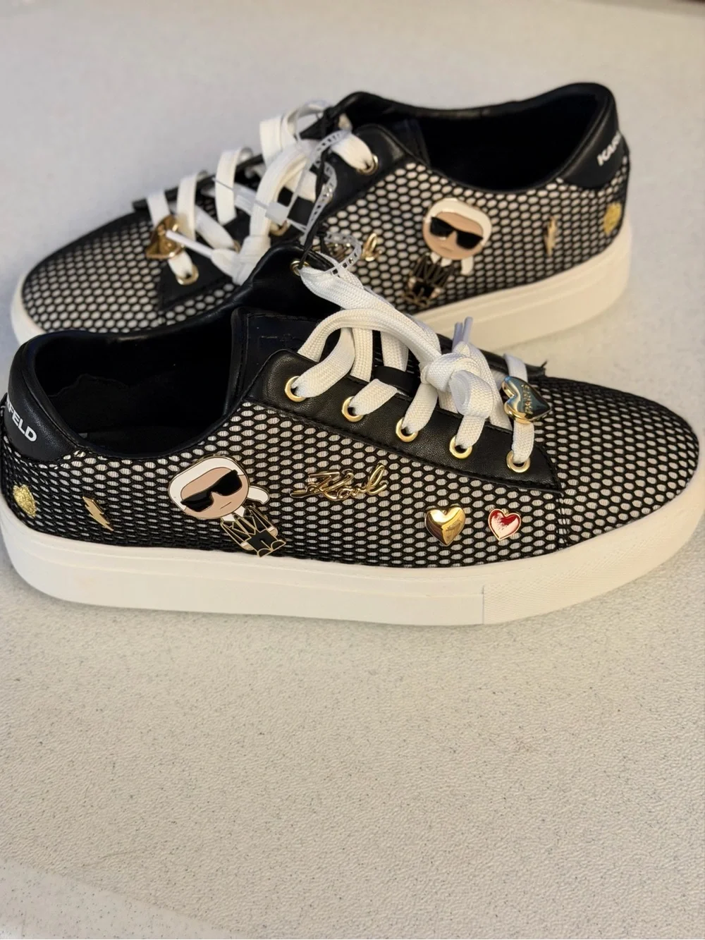 Karl Lagerfeld Black and White Mesh Low-Top Sneakers with Gold Accents